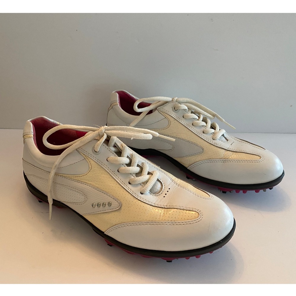 ECCO Women's White Pink Golf Shoes Size 40 Spikes Comfort Leather